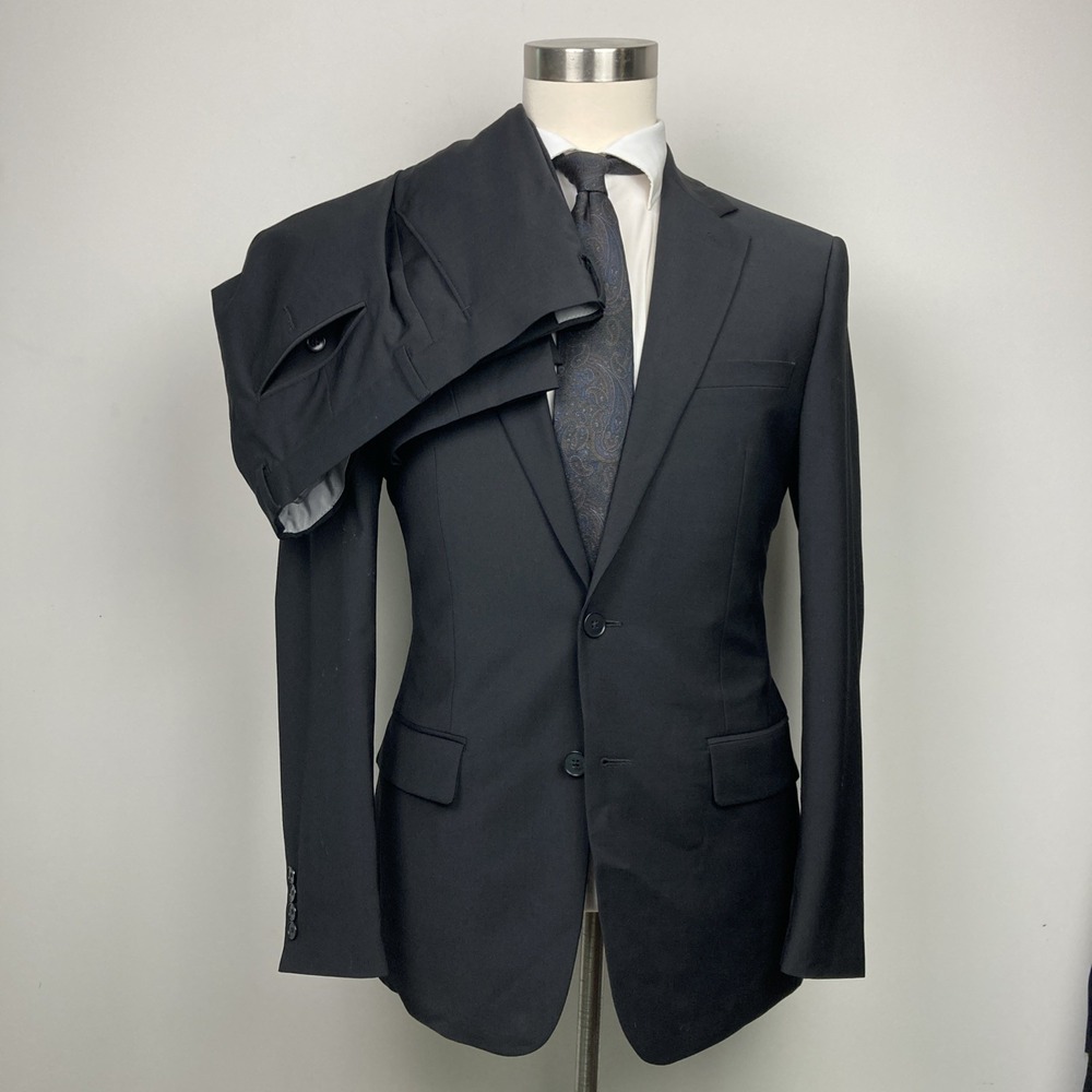 Calvin Klein Mens Slim fit 2-pc Suit Jacket 38R Pants 31W 32L Black Solid Wool - Picture 6 of 16